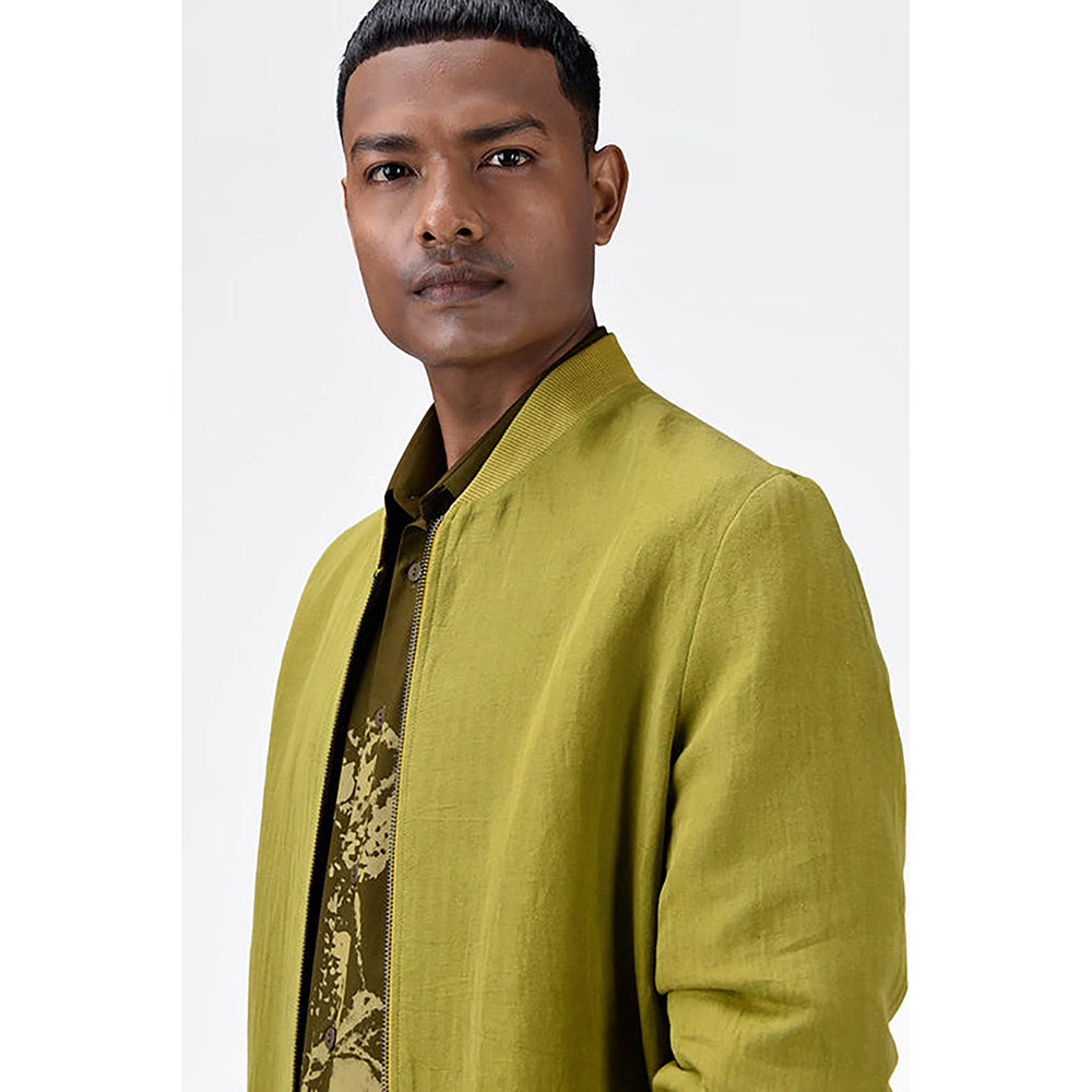 Genes Lecoanet Hemant Green Linen Solid/Plain Bomber Jacket