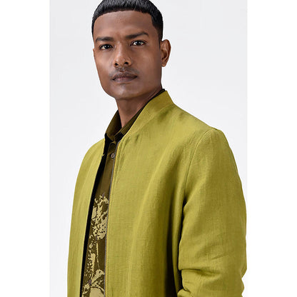 Genes Lecoanet Hemant Green Linen Solid/Plain Bomber Jacket