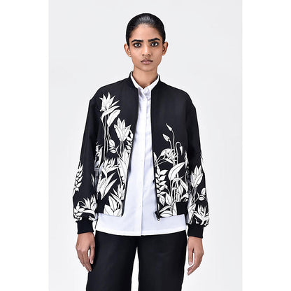Genes Lecoanet Hemant Relaxed Fit Linen Herringbone Bomber Jacket with Tropical Print Black
