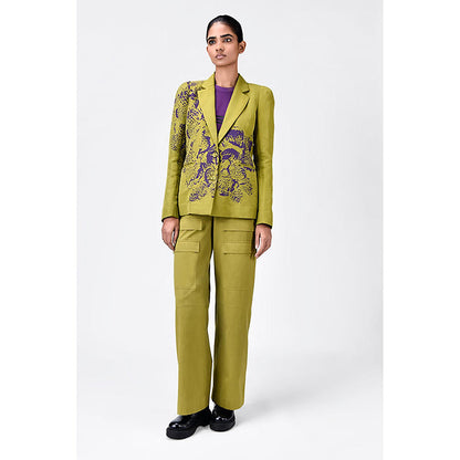 Genes Lecoanet Hemant Green Linen Printed Jacket