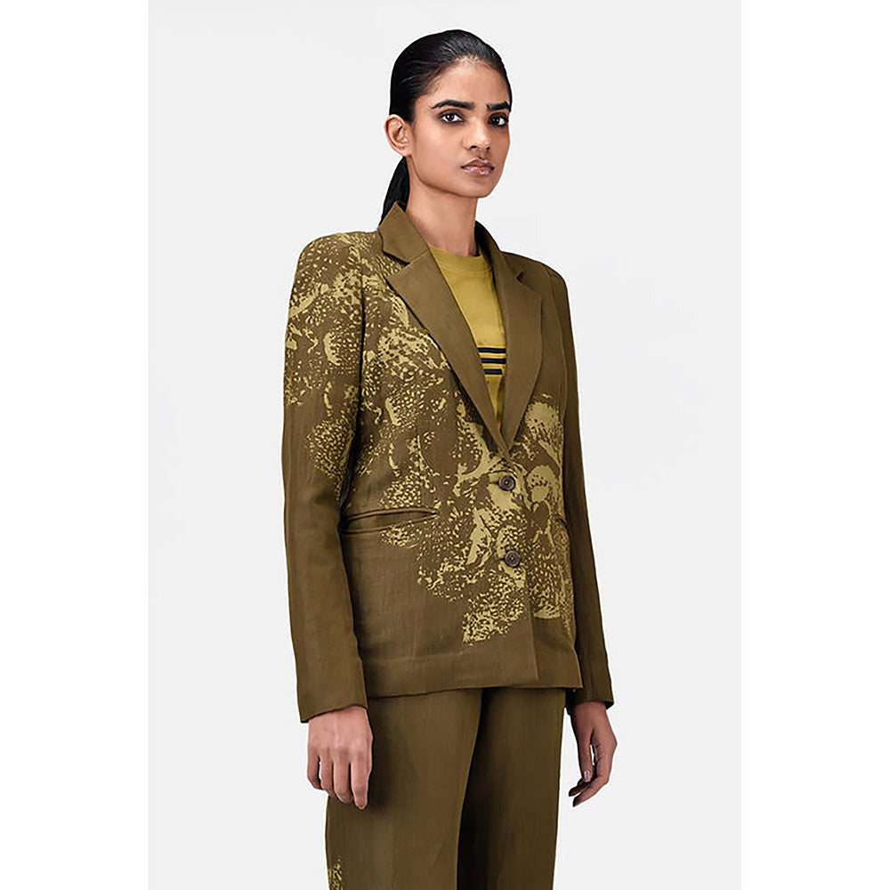 Genes Lecoanet Hemant Slim Fit Linen Herringbone Jacket with Orchid Print Khaki