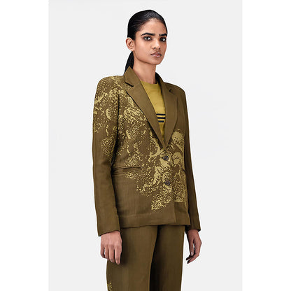 Genes Lecoanet Hemant Slim Fit Linen Herringbone Jacket with Orchid Print Khaki