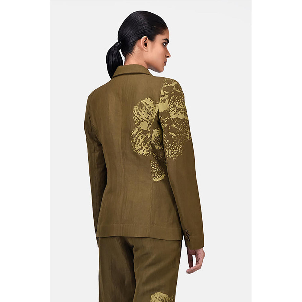 Genes Lecoanet Hemant Slim Fit Linen Herringbone Jacket with Orchid Print Khaki