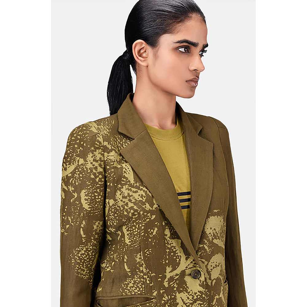 Genes Lecoanet Hemant Slim Fit Linen Herringbone Jacket with Orchid Print Khaki