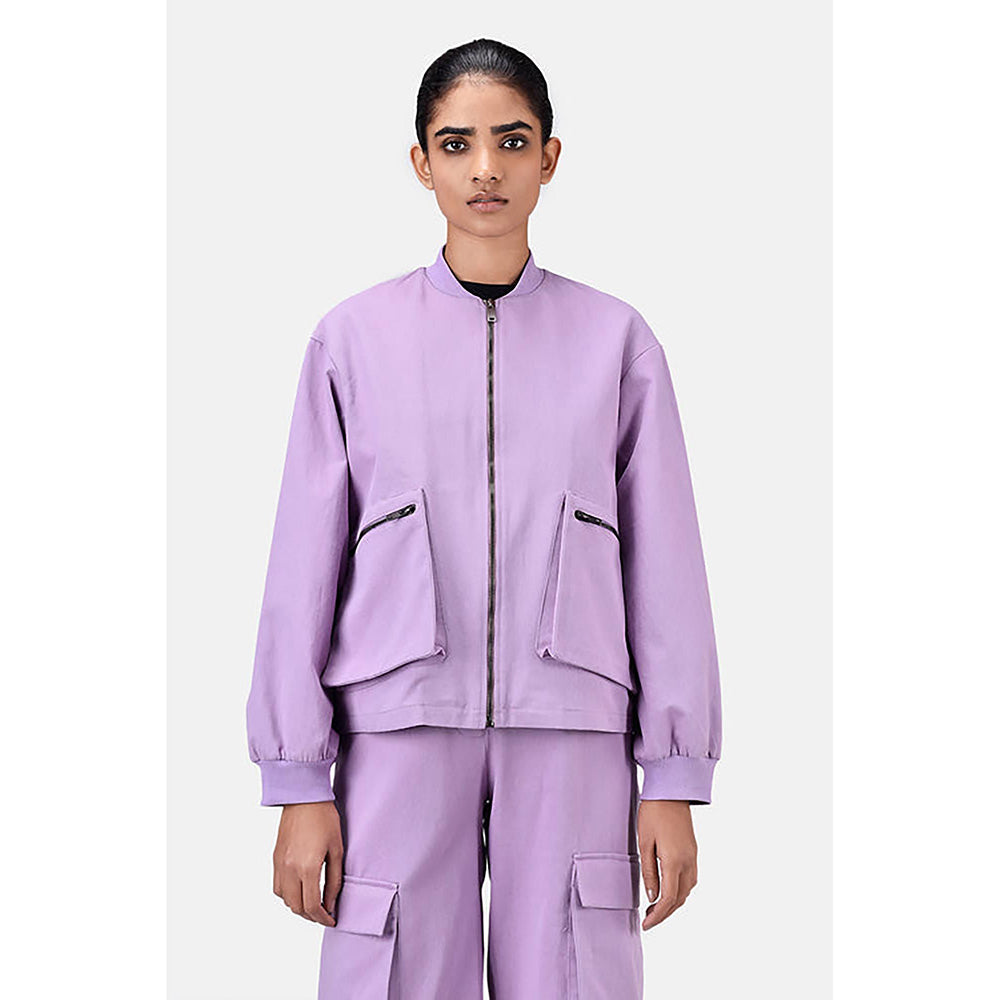 Genes Lecoanet Hemant Easy Fit Lavender Cotton Drill Bomber Jacket with Drop Shoulders