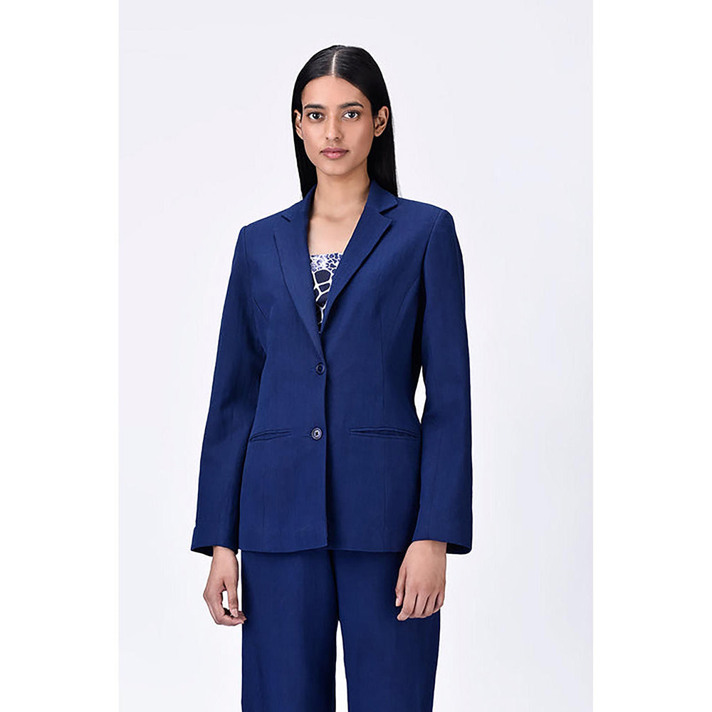 Genes Lecoanet Hemant Linen Jacket with Constructed Darts - Navy Blue