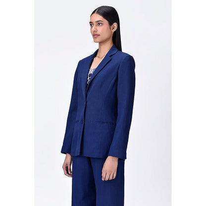 Genes Lecoanet Hemant Linen Jacket with Constructed Darts - Navy Blue