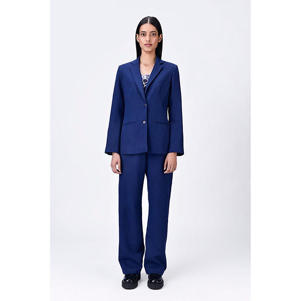 Genes Lecoanet Hemant Linen Jacket with Constructed Darts - Navy Blue