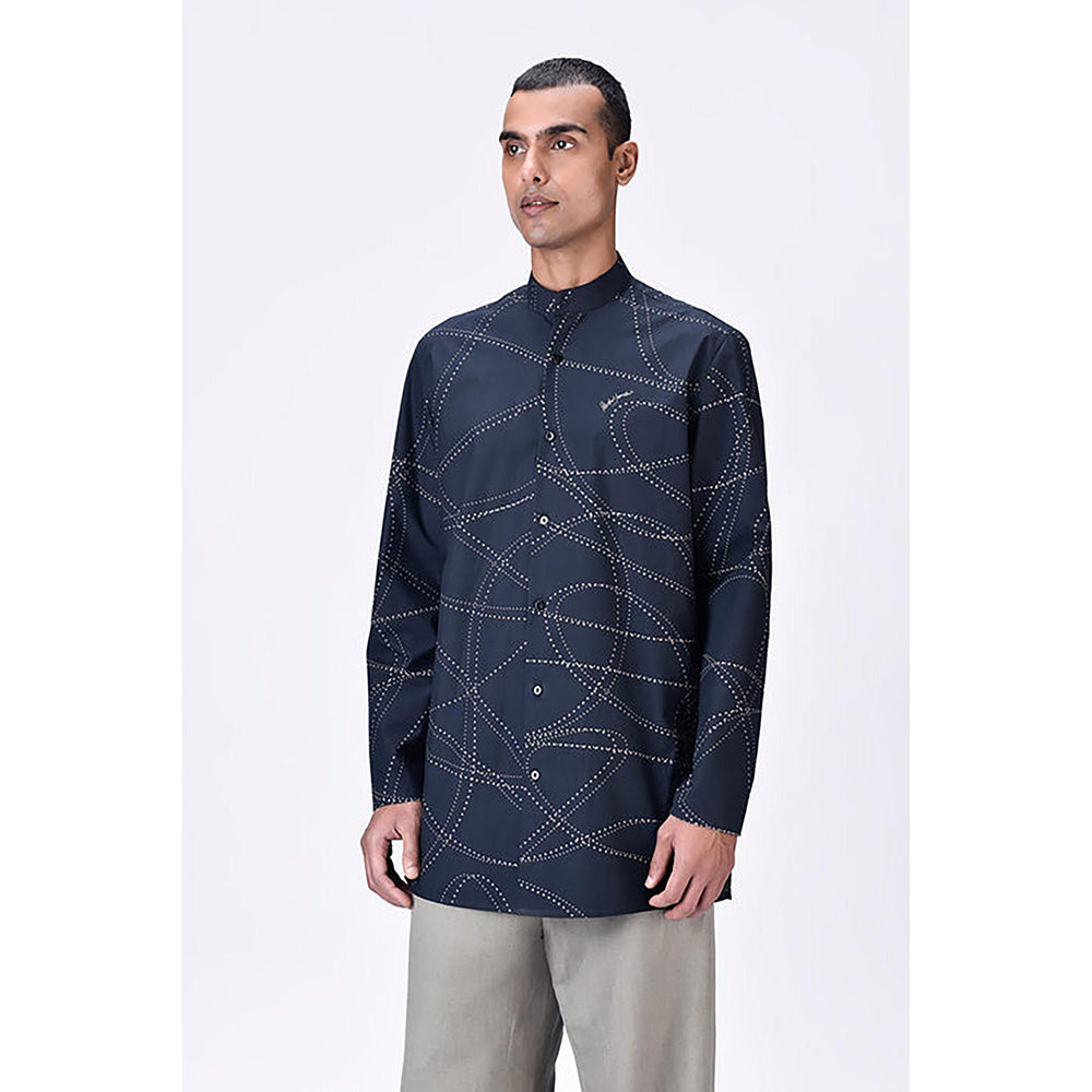 Genes Lecoanet Hemant Poplin Mandarin Neck Printed Regular Fit Black Kurta