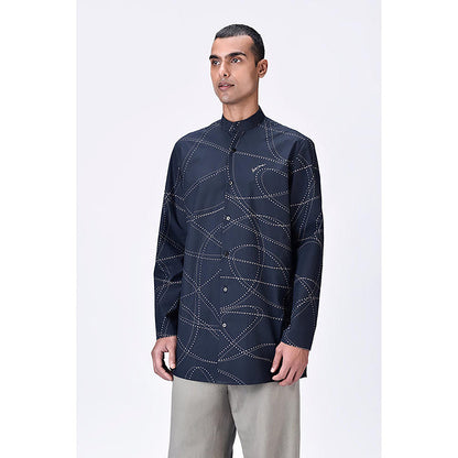 Genes Lecoanet Hemant Poplin Mandarin Neck Printed Regular Fit Black Kurta