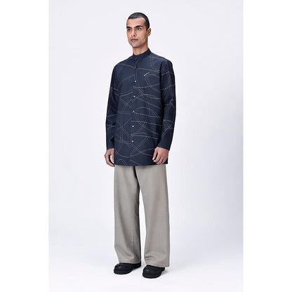 Genes Lecoanet Hemant Poplin Mandarin Neck Printed Regular Fit Black Kurta