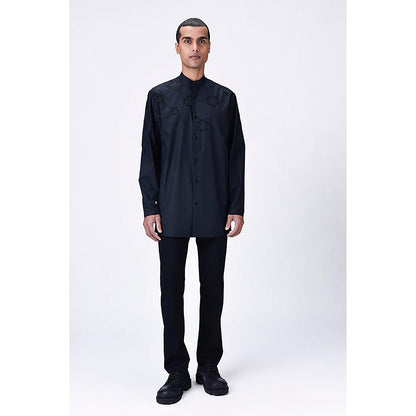 Genes Lecoanet Hemant Poplin Mandarin Neck Embroidered Regular Fit Black Kurta