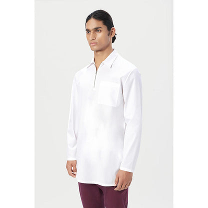 Genes Lecoanet Hemant Cotton Collar Neck Printed Regular Fit White Kurta