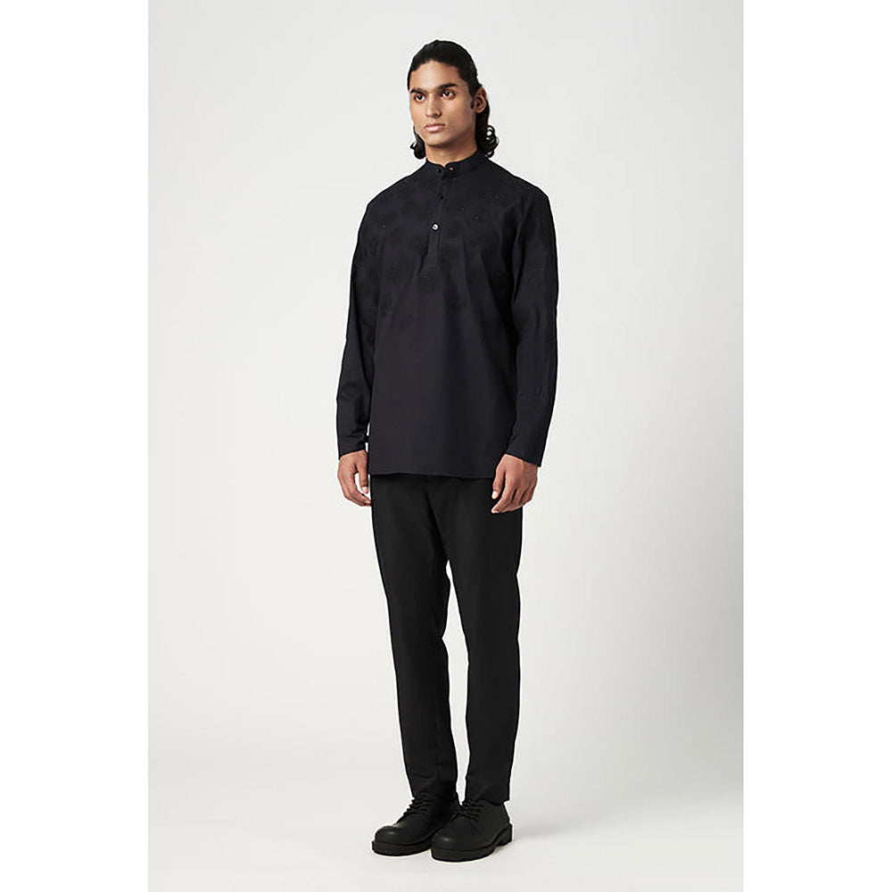 Genes Lecoanet Hemant Poplin Mandarin Neck Embroidered Regular Fit Black Kurta