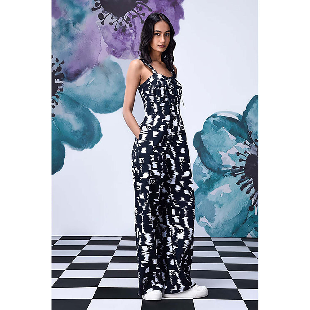 Genes Lecoanet Hemant Black Cotton Square Neck Abstract Jumpsuits