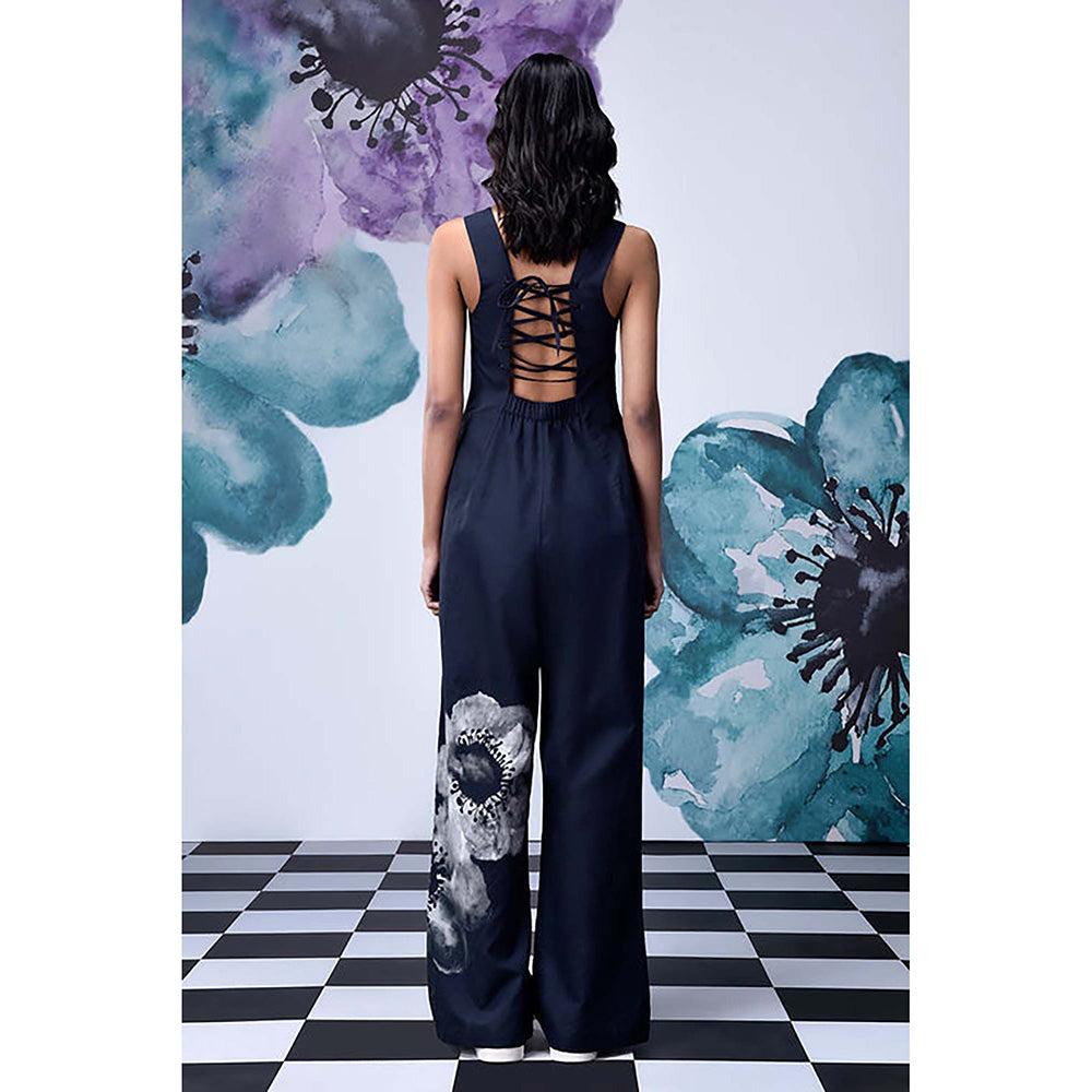 Genes Lecoanet Hemant Black Cotton Square Neck Floral Jumpsuits