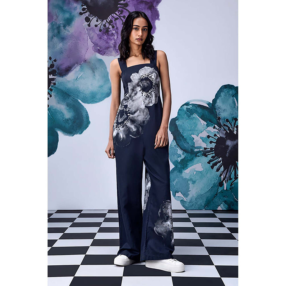 Genes Lecoanet Hemant Black Cotton Square Neck Floral Jumpsuits