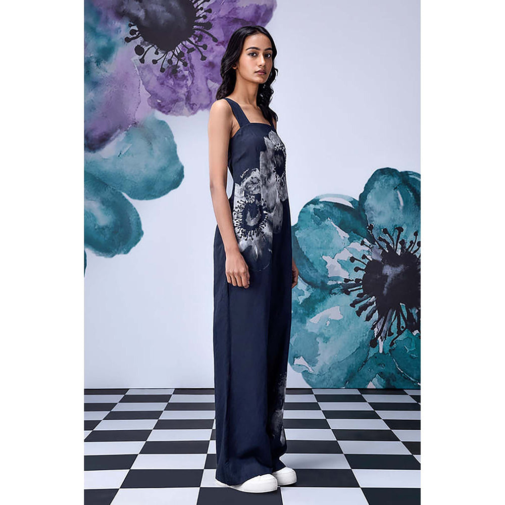 Genes Lecoanet Hemant Black Cotton Square Neck Floral Jumpsuits