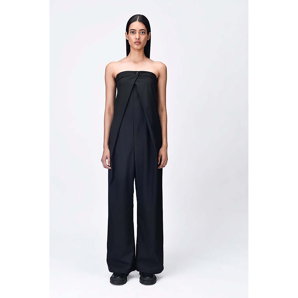 Genes Lecoanet Hemant Black Wool Strapless/Tube Solid/Plain Jumpsuits