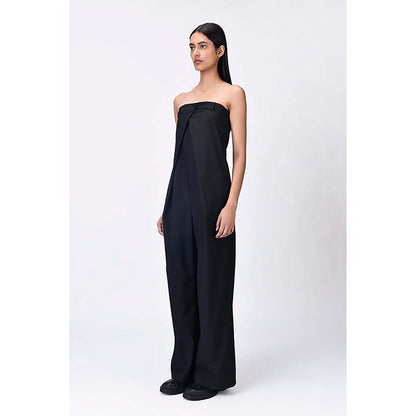 Genes Lecoanet Hemant Black Wool Strapless/Tube Solid/Plain Jumpsuits