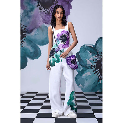 Genes Lecoanet Hemant White Linen Square Neck Floral Jumpsuits