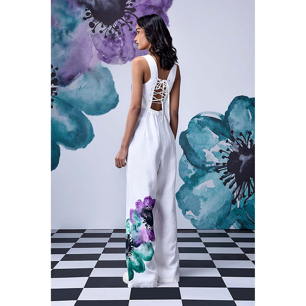 Genes Lecoanet Hemant White Linen Square Neck Floral Jumpsuits