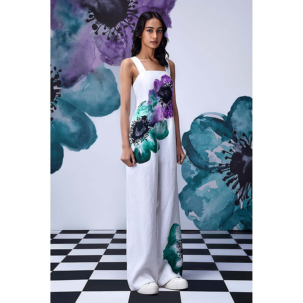 Genes Lecoanet Hemant White Linen Square Neck Floral Jumpsuits