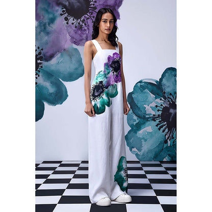 Genes Lecoanet Hemant White Linen Square Neck Floral Jumpsuits