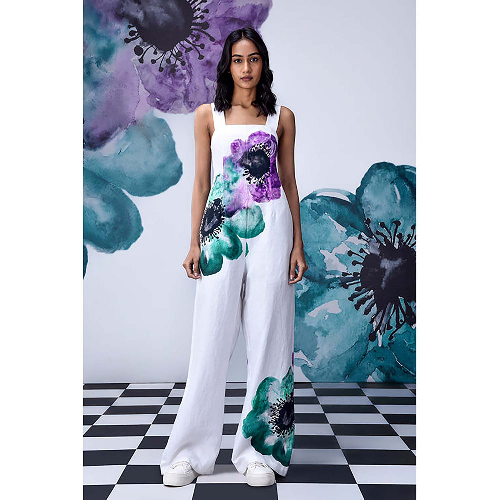 Genes Lecoanet Hemant White Linen Square Neck Floral Jumpsuits