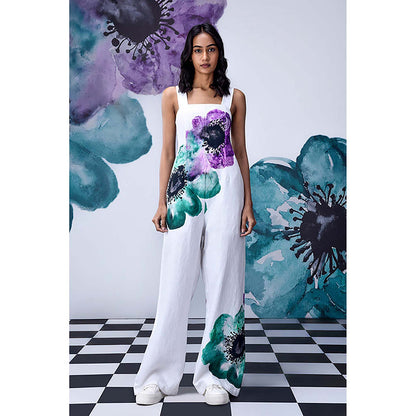 Genes Lecoanet Hemant White Linen Square Neck Floral Jumpsuits