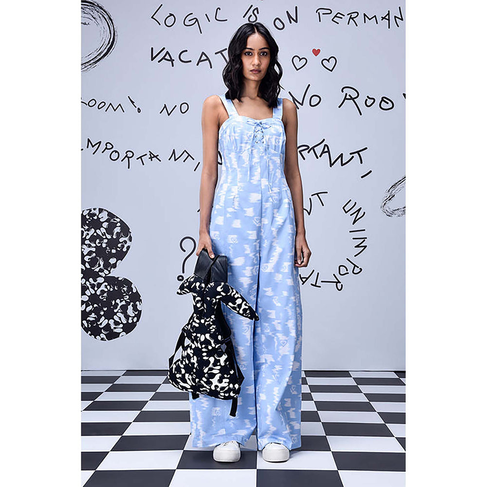 Genes Lecoanet Hemant Blue Cotton Square Neck Abstract Jumpsuits