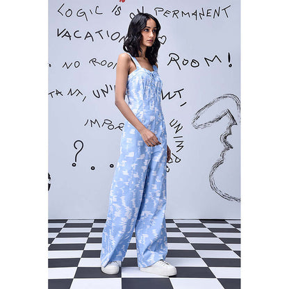 Genes Lecoanet Hemant Blue Cotton Square Neck Abstract Jumpsuits