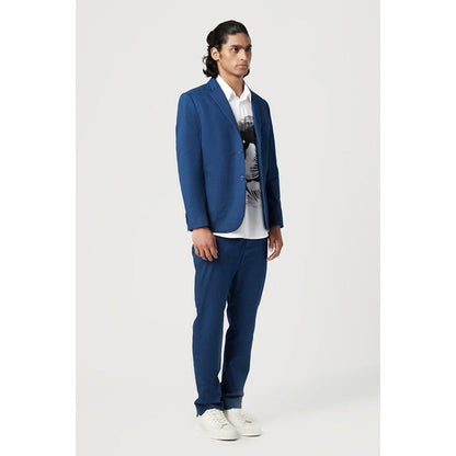 Genes Lecoanet Hemant Blue Regular Fit Two-Button Blazer with Scallop Printed Lining