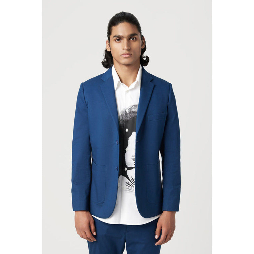 Genes Lecoanet Hemant Blue Regular Fit Two-Button Blazer with Scallop Printed Lining