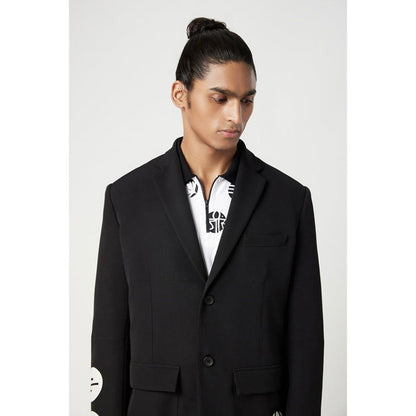 Genes Lecoanet Hemant Black Regular Fit Two-Button Constructed Blazer with Flap Pockets