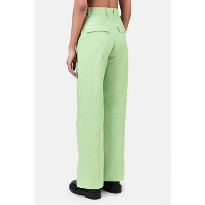 Genes Lecoanet Hemant Green Colour Viscose Blend Solid Relaxed fit Wide Cargo Pant