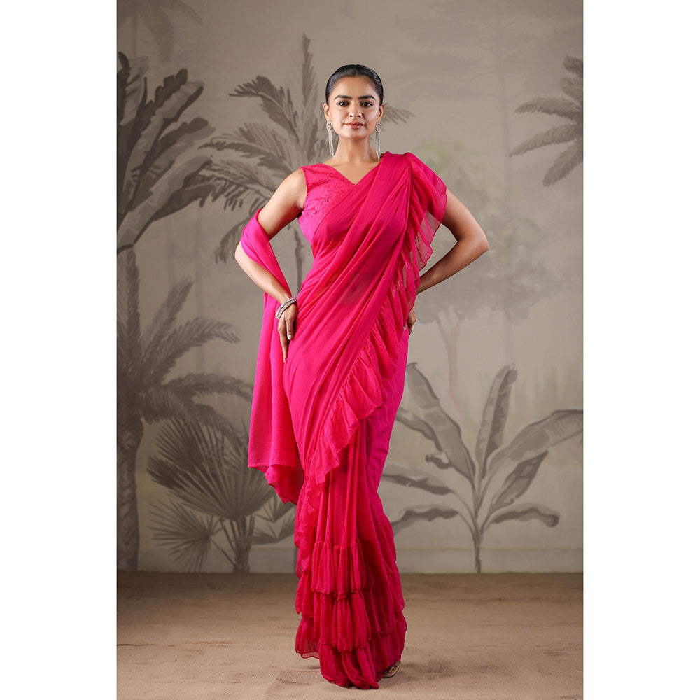 Geroo Jaipur Pink Chiffon Pre-Stitched Saree with Unstitched Blouse