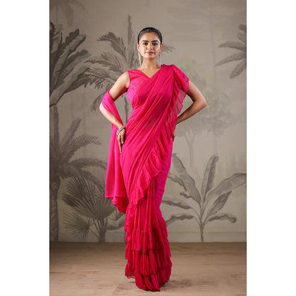 Geroo Jaipur Pink Chiffon Pre-Stitched Saree with Unstitched Blouse