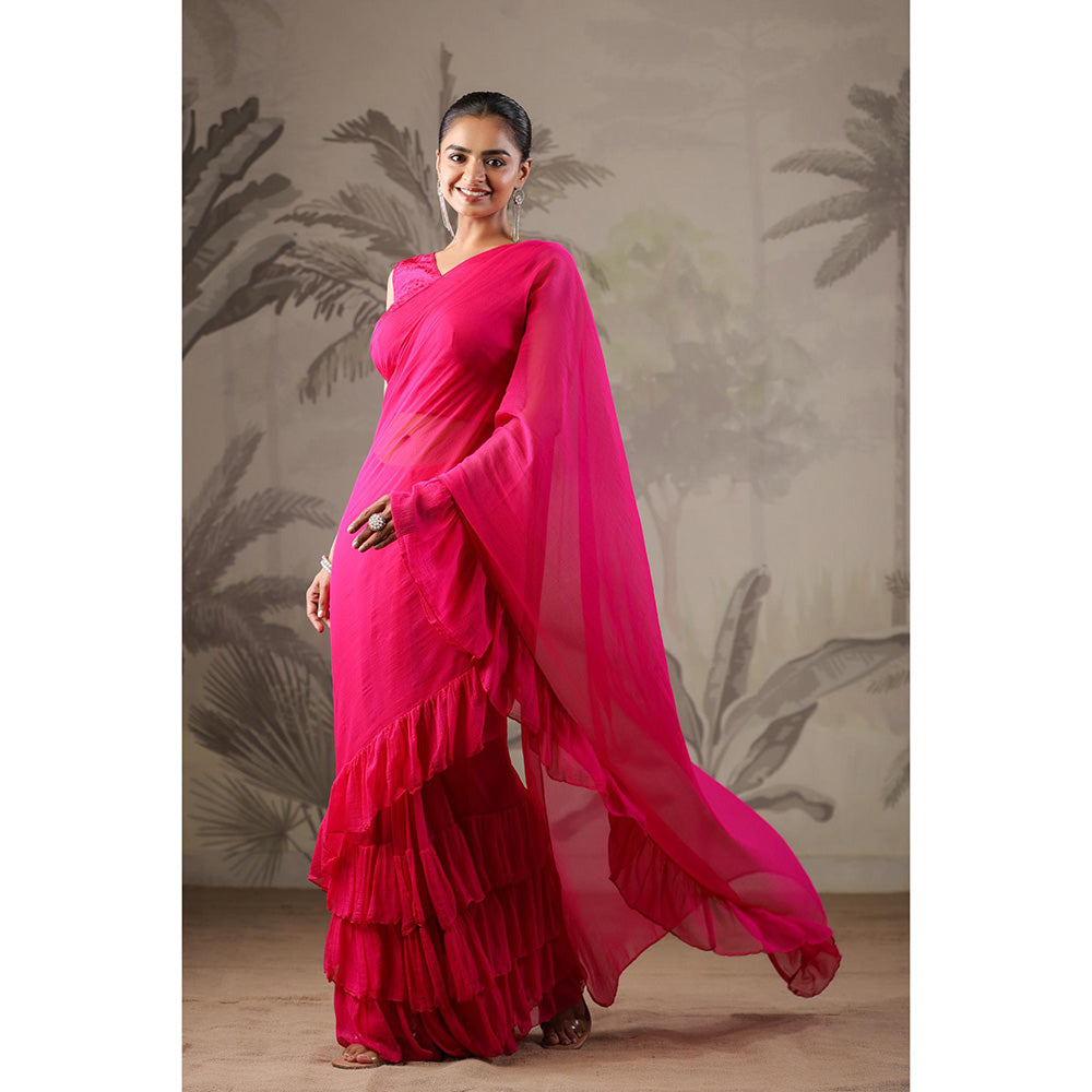 Geroo Jaipur Pink Chiffon Pre-Stitched Saree with Unstitched Blouse