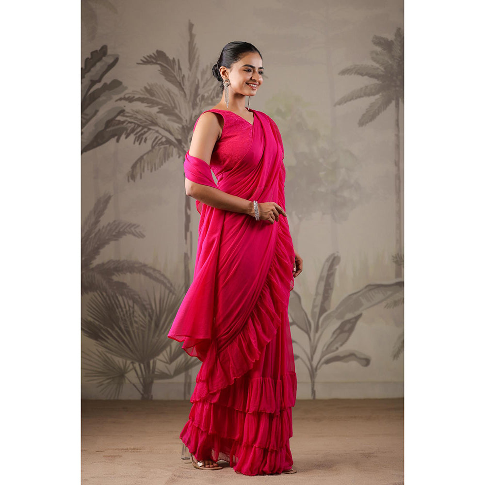 Geroo Jaipur Pink Chiffon Pre-Stitched Saree with Unstitched Blouse