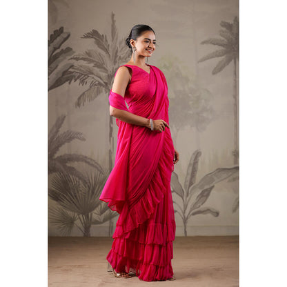 Geroo Jaipur Pink Chiffon Pre-Stitched Saree with Unstitched Blouse