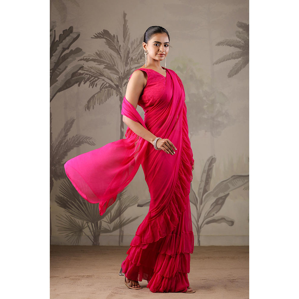Geroo Jaipur Pink Chiffon Pre-Stitched Saree with Unstitched Blouse