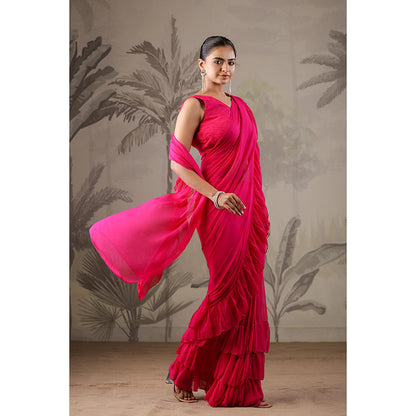 Geroo Jaipur Pink Chiffon Pre-Stitched Saree with Unstitched Blouse