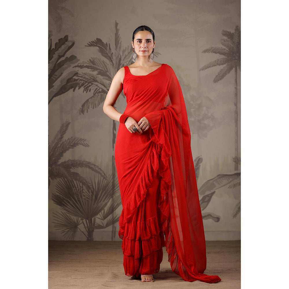 Geroo Jaipur Red Chiffon Pre-Stitched Saree with Unstitched Blouse