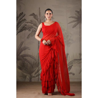 Geroo Jaipur Red Chiffon Pre-Stitched Saree with Unstitched Blouse