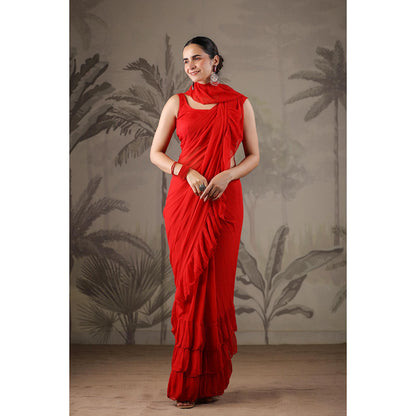 Geroo Jaipur Red Chiffon Pre-Stitched Saree with Unstitched Blouse