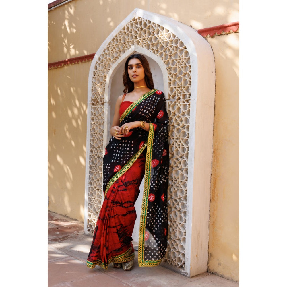 Geroo Jaipur Red Black Shibori Bandhani Pre-Stitched Silk Saree with Unstitched Blouse