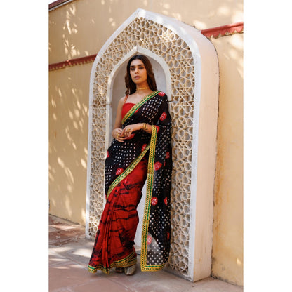 Geroo Jaipur Red Black Shibori Bandhani Pre-Stitched Silk Saree with Unstitched Blouse