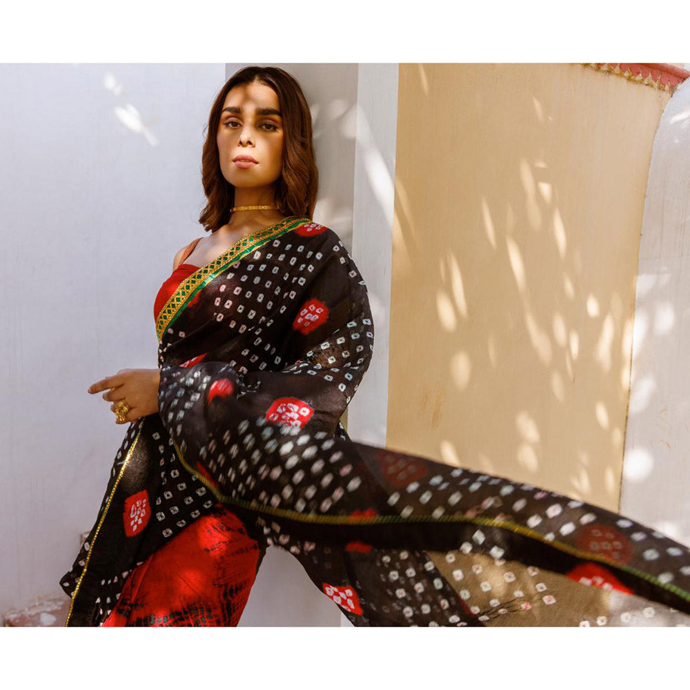 Geroo Jaipur Red Black Shibori Bandhani Pre-Stitched Silk Saree with Unstitched Blouse
