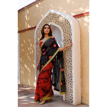Geroo Jaipur Red Black Shibori Bandhani Pre-Stitched Silk Saree with Unstitched Blouse